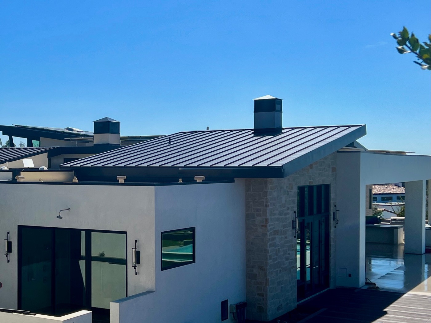 Detail of metal roof eave and gable